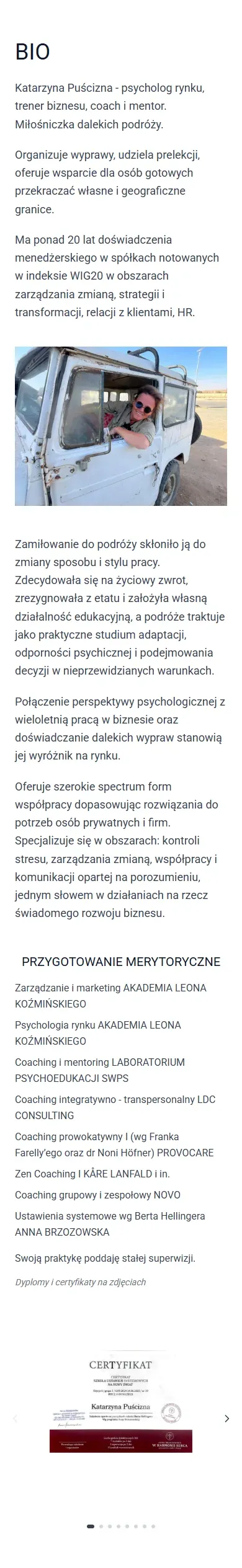 Mobilna sekcja BIO na stronie Katarzyny Puścizny