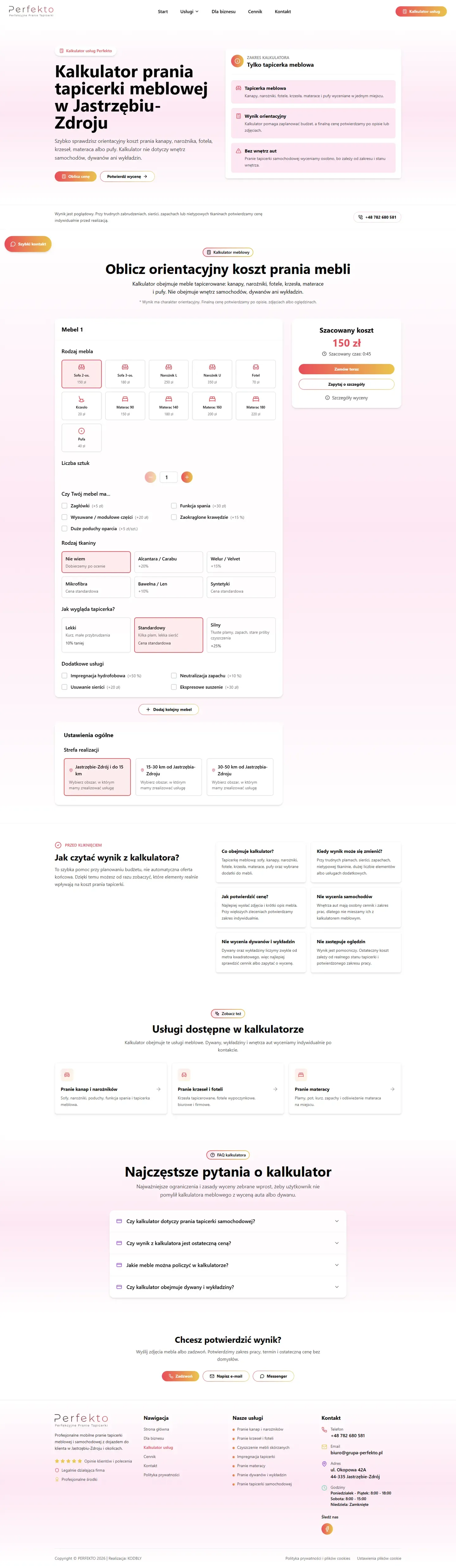 Rozbudowany kalkulator orientacyjnej wyceny usług PERFEKTO