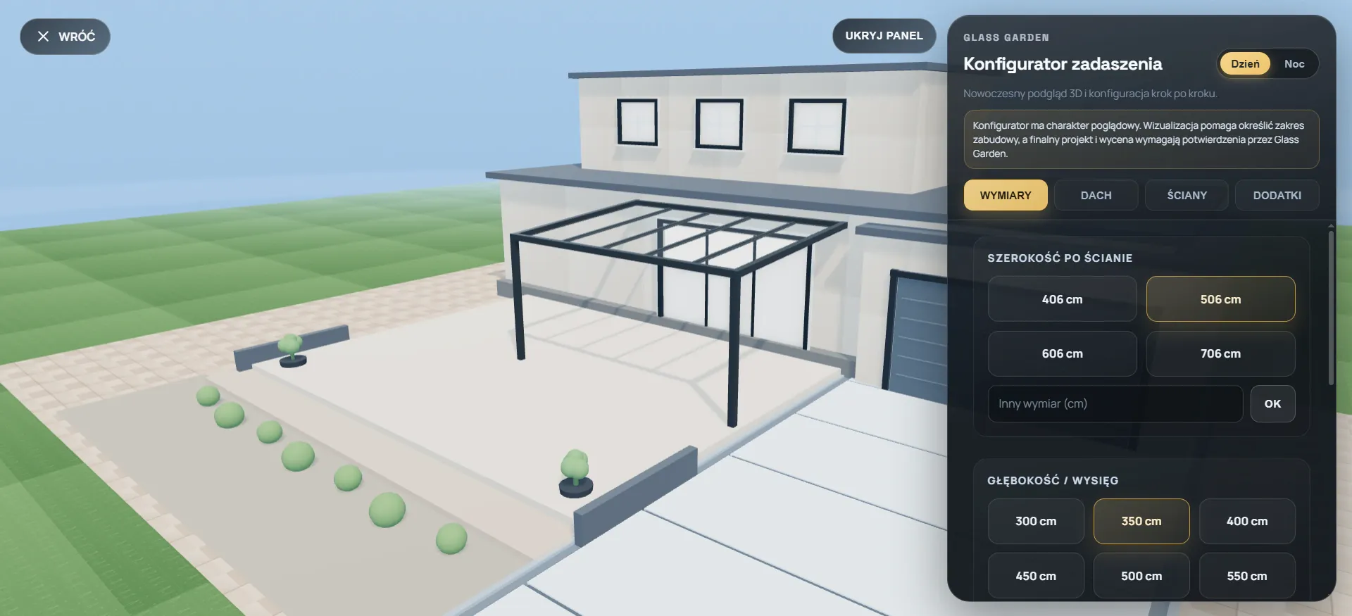 Konfigurator 3D Glass-Garden z wyborem szerokości i głębokości zadaszenia