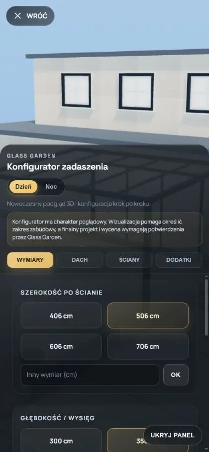 Mobilny konfigurator 3D Glass-Garden z modelem zadaszenia i panelem wyboru parametrów