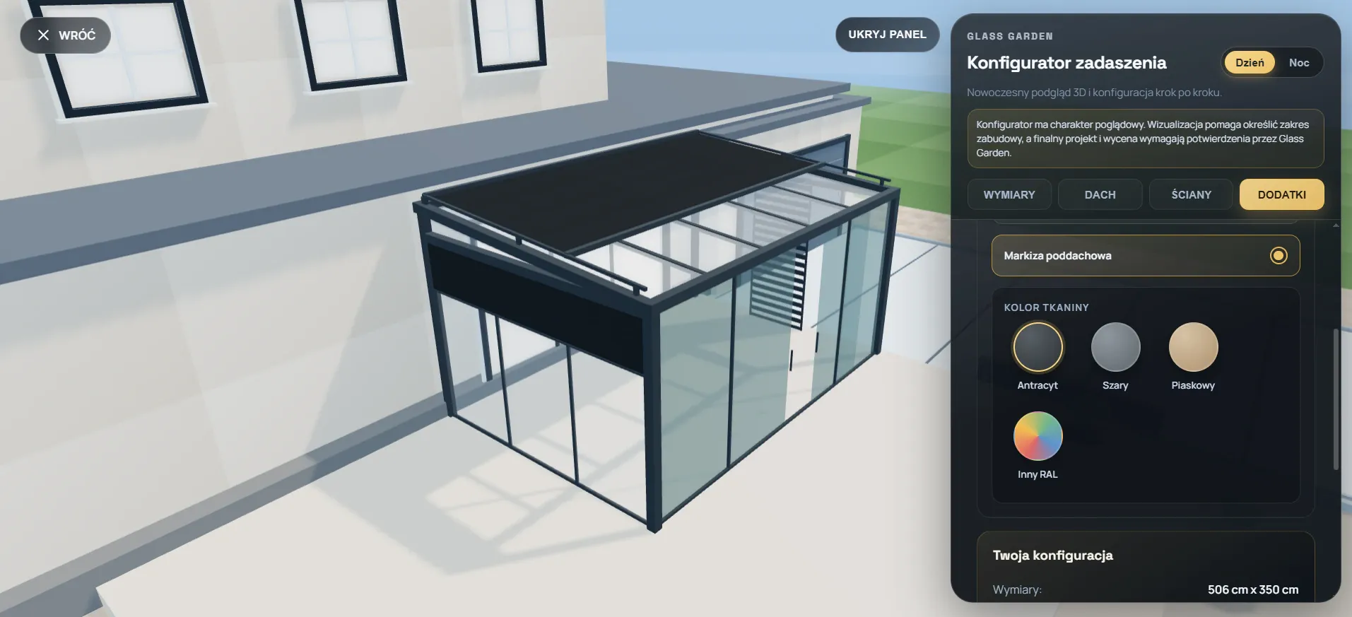 Konfigurator 3D zadaszenia z przeszkleniami, lamelami i wybranymi dodatkami