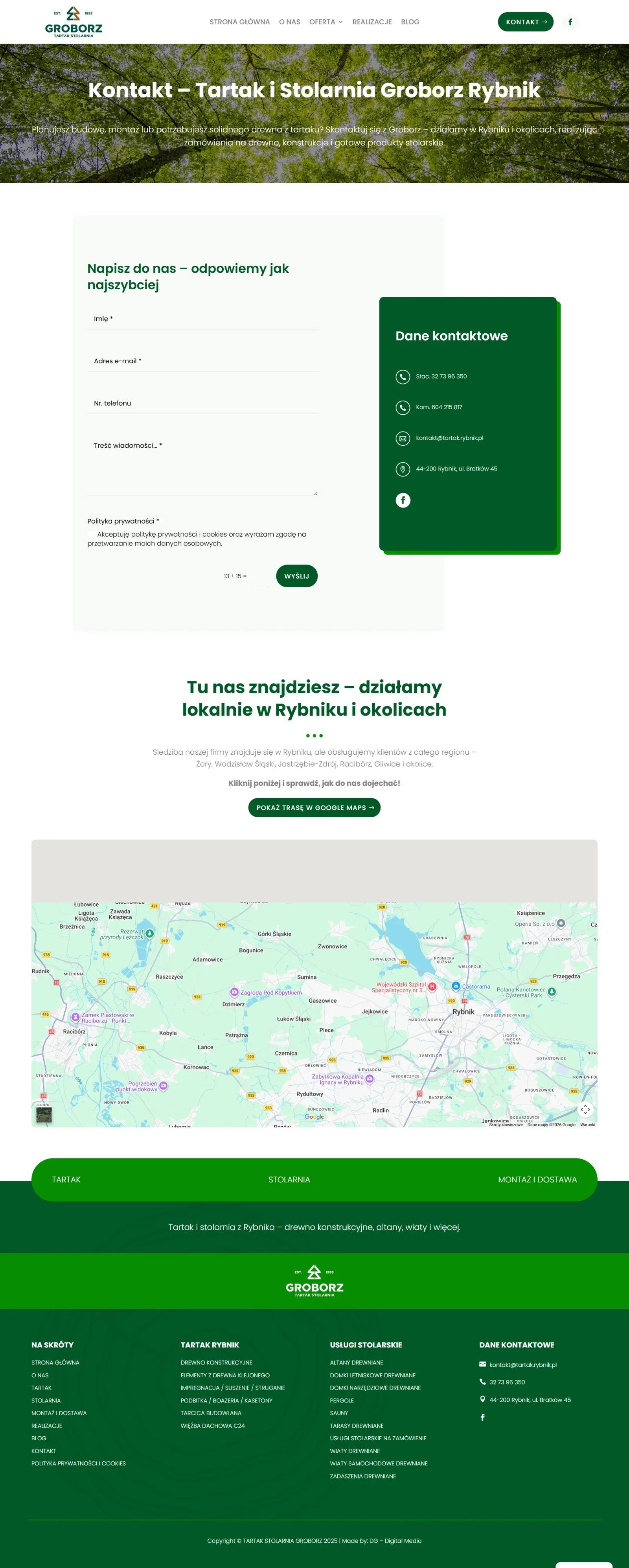 Podstrona kontaktowa Tartaku Groborz z formularzem i danymi firmy
