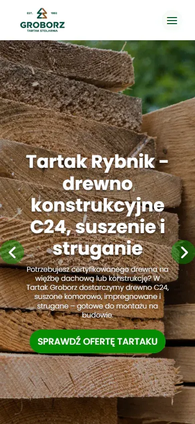 Mobilna strona główna Tartaku Groborz z ofertą drewna konstrukcyjnego