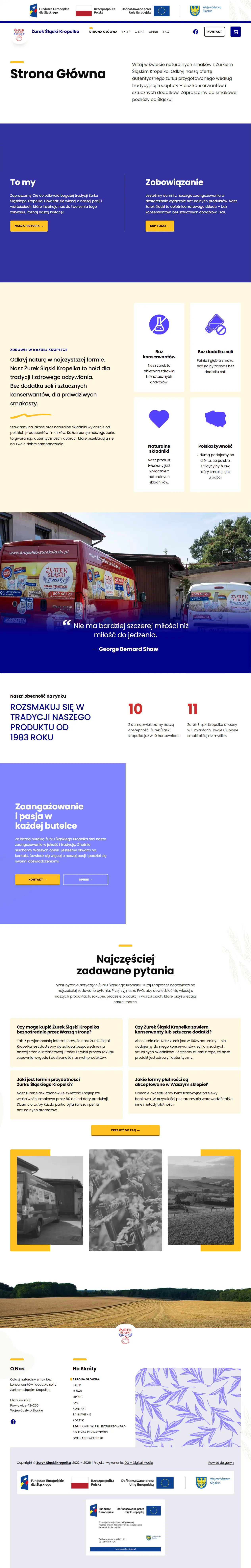 Pełny widok strony głównej Żurek Śląski Kropelka z historią marki i przejściem do sklepu