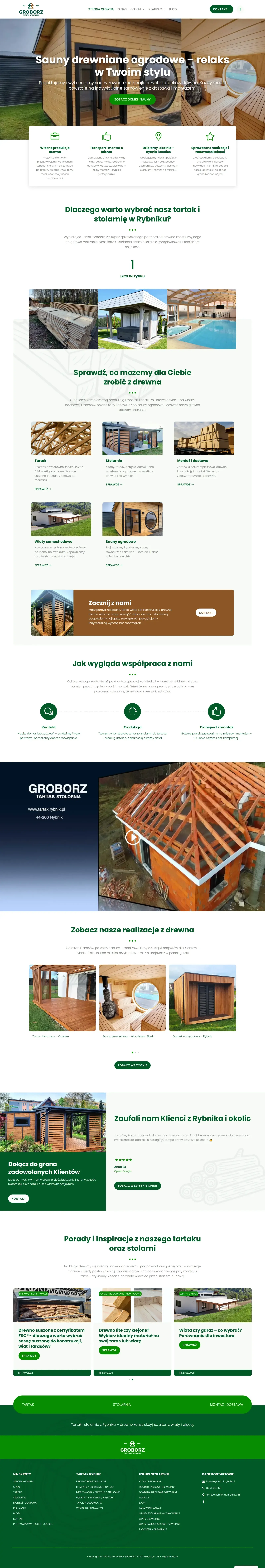 Pełny widok strony głównej Tartaku Groborz z ofertą, realizacjami, opiniami i poradami