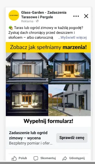 Reklama Glass-Garden prezentująca kilka realizacji zadaszeń