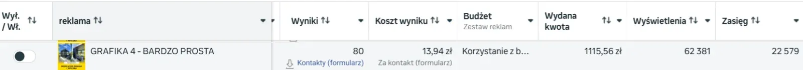 Zbiorczy wynik kampanii Meta Ads: 80 kontaktów przy średnim koszcie 13,94 zł