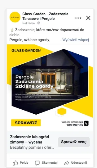 Reklama Glass-Garden prezentująca pergole, zadaszenia i szklane ogrody