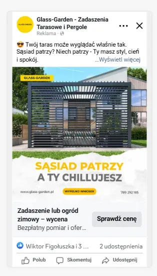 Reklama Glass-Garden z hasłem Sąsiad patrzy, a Ty chillujesz