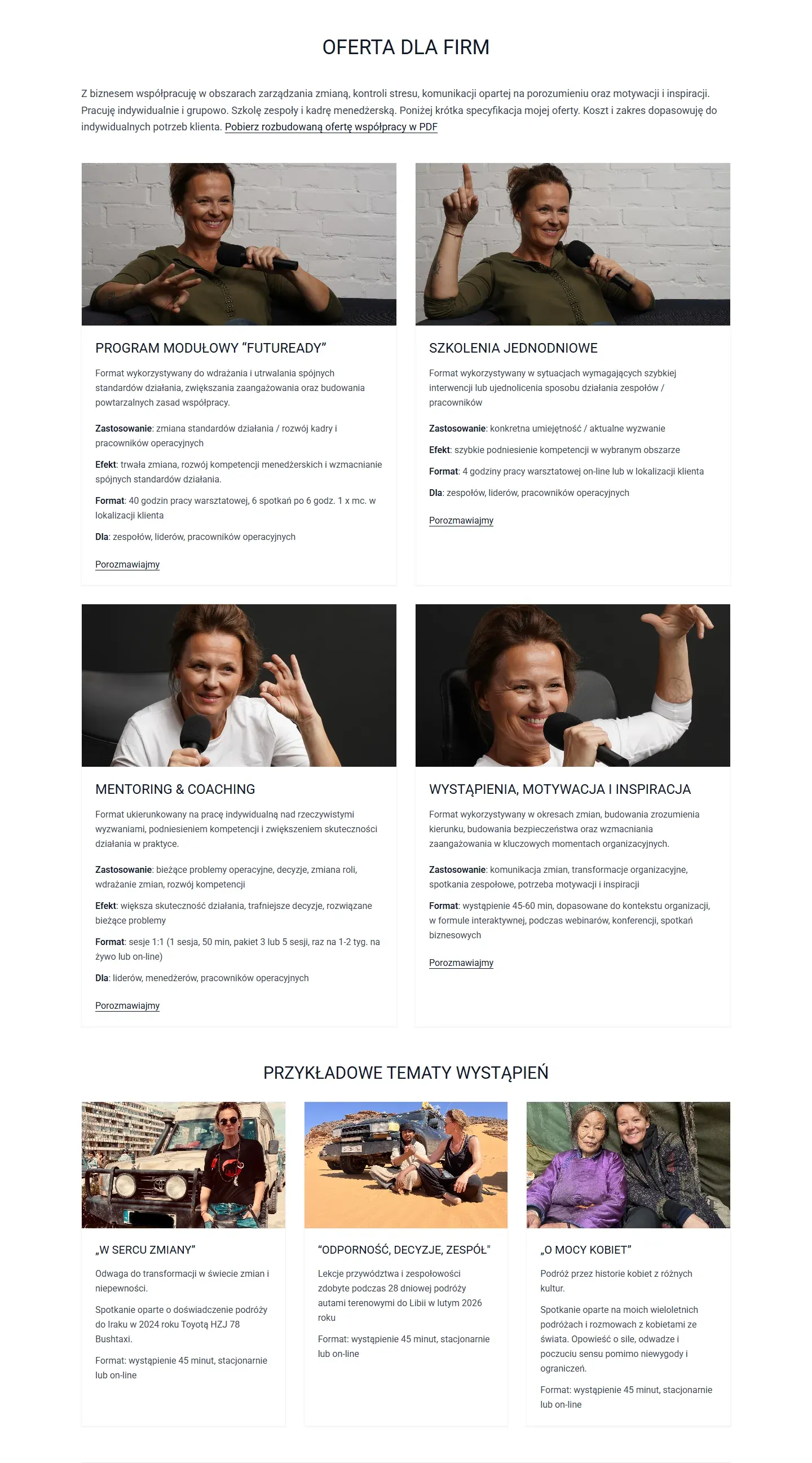 Oferta dla firm na stronie Katarzyny Puścizny z programami, szkoleniami i wystąpieniami