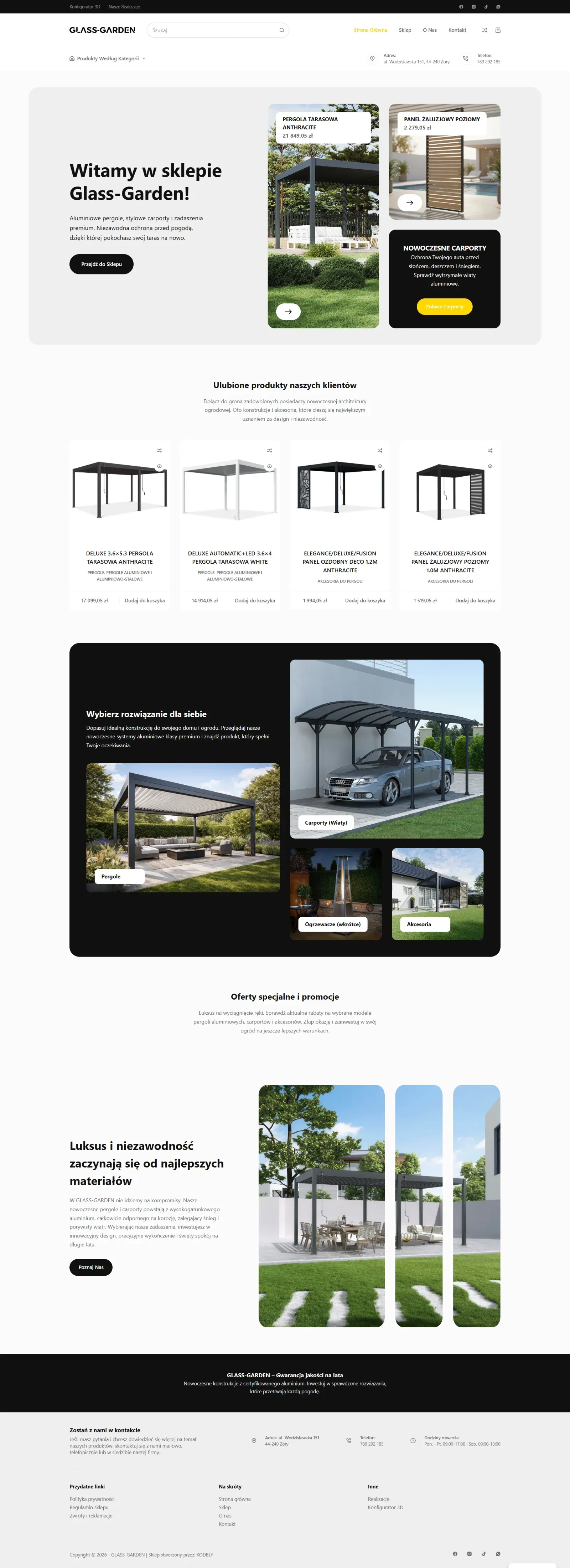 Strona główna sklepu Glass-Garden z pergolami, carportami i produktami ogrodowymi