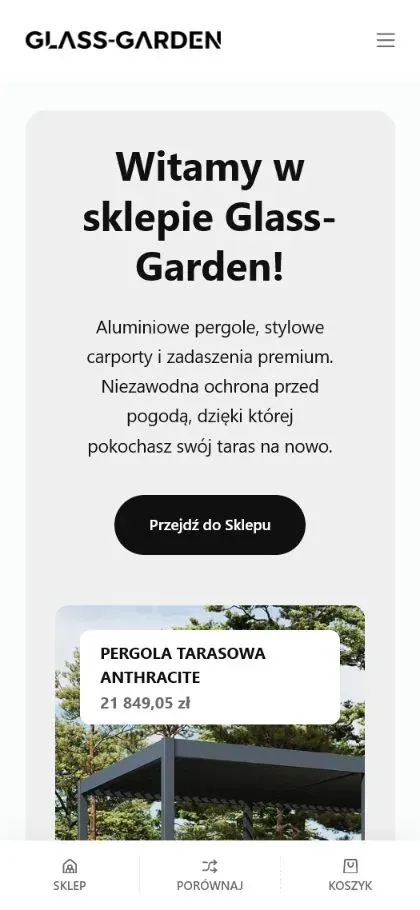 Mobilna strona sklepu Glass-Garden z ofertą i dolną nawigacją zakupową