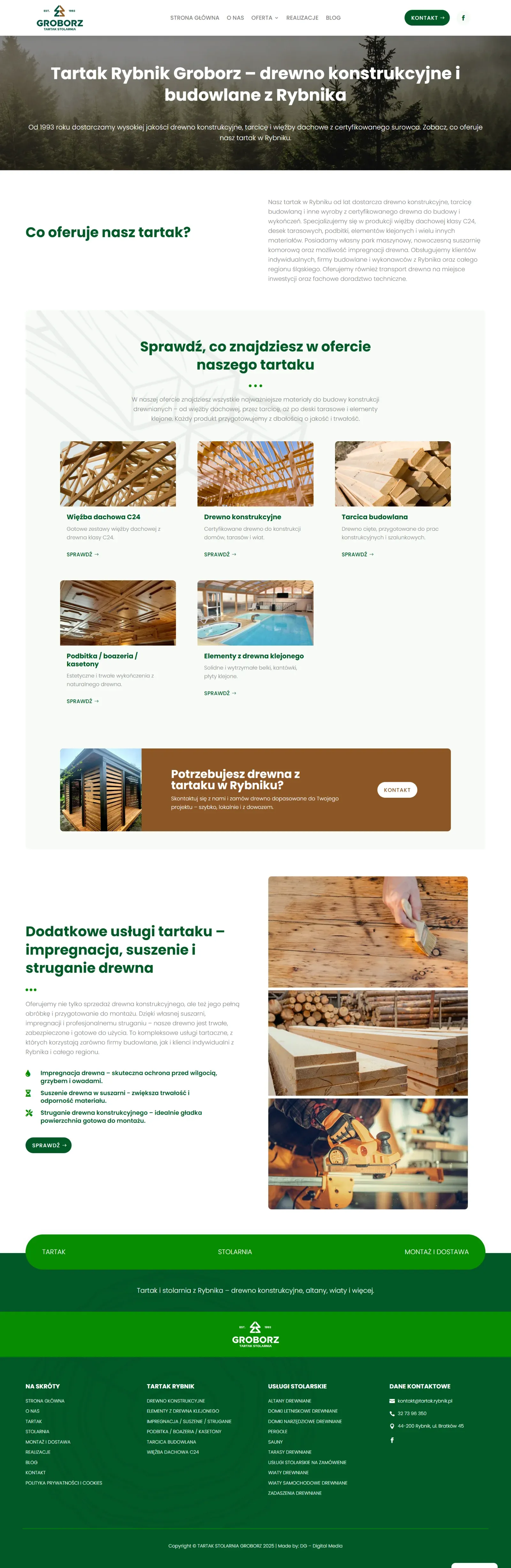 Podstrona oferty tartaku Groborz z Rybnika z drewnem konstrukcyjnym i usługami obróbki