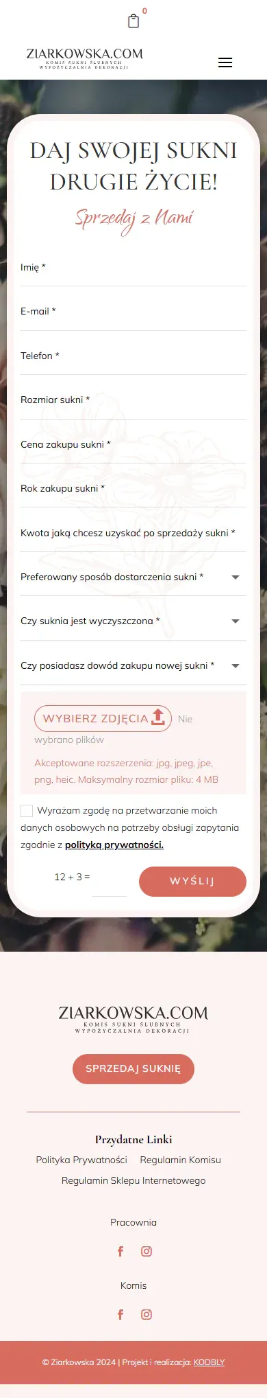 Mobilny formularz zgłoszenia sukni do komisu Ziarkowska.com