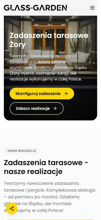 Mobilna strona główna Glass-Garden z ofertą zadaszeń i przyciskiem do dalszego działania